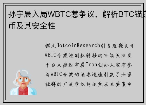 孙宇晨入局WBTC惹争议，解析BTC锚定币及其安全性