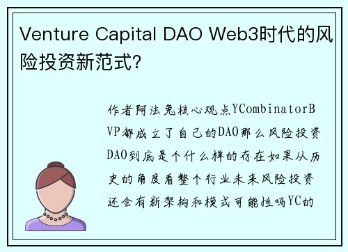 Venture Capital DAO Web3时代的风险投资新范式？