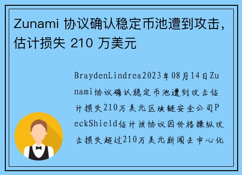 Zunami 协议确认稳定币池遭到攻击，估计损失 210 万美元 